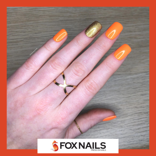 press-on-nails orange-fluo et doré
