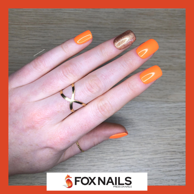 press-on-nails orange-fluo et cuivré